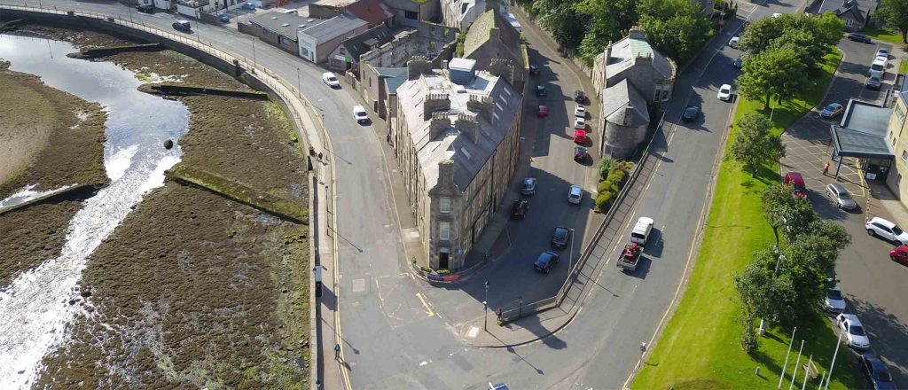 An aerial view of Mackays Hotel and Ebenezer Place, the shortest street in the world