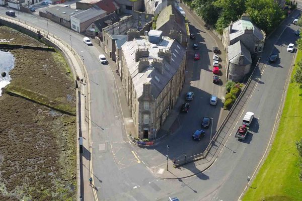 An aerial view of Mackays Hotel and Ebenezer Place, the shortest street in the world