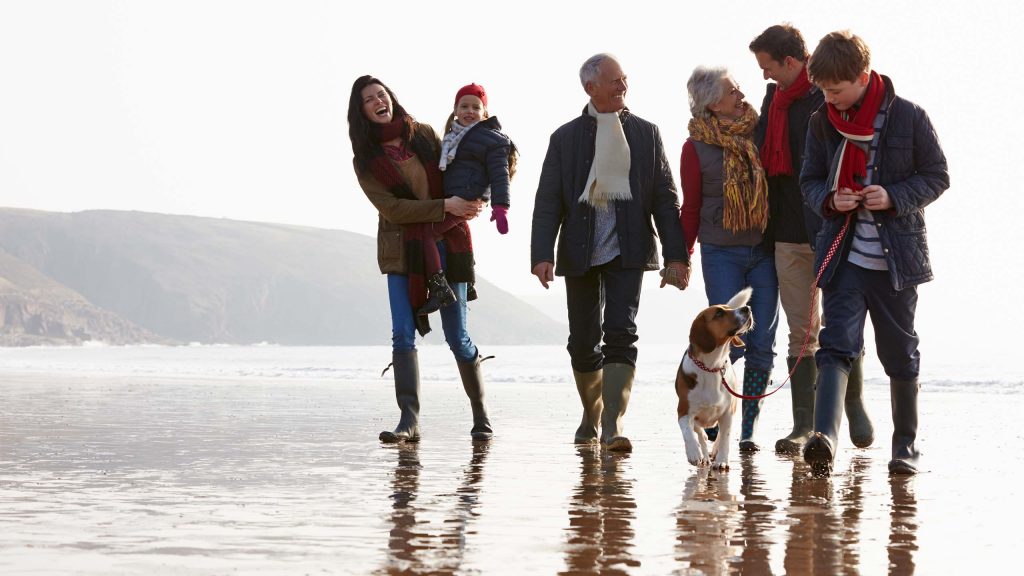 A family walking in a beach with their dog