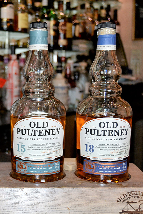 Two bottles of Old Pulteney whisky in the bar at Mackays Hotel