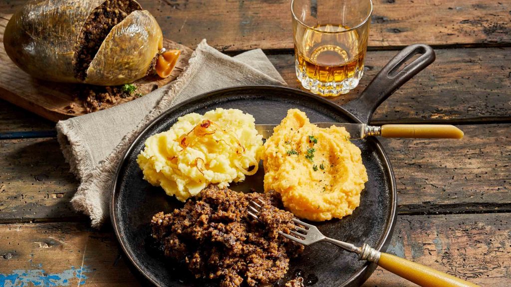 Haggis, neeps and tatties and a glass of whisky