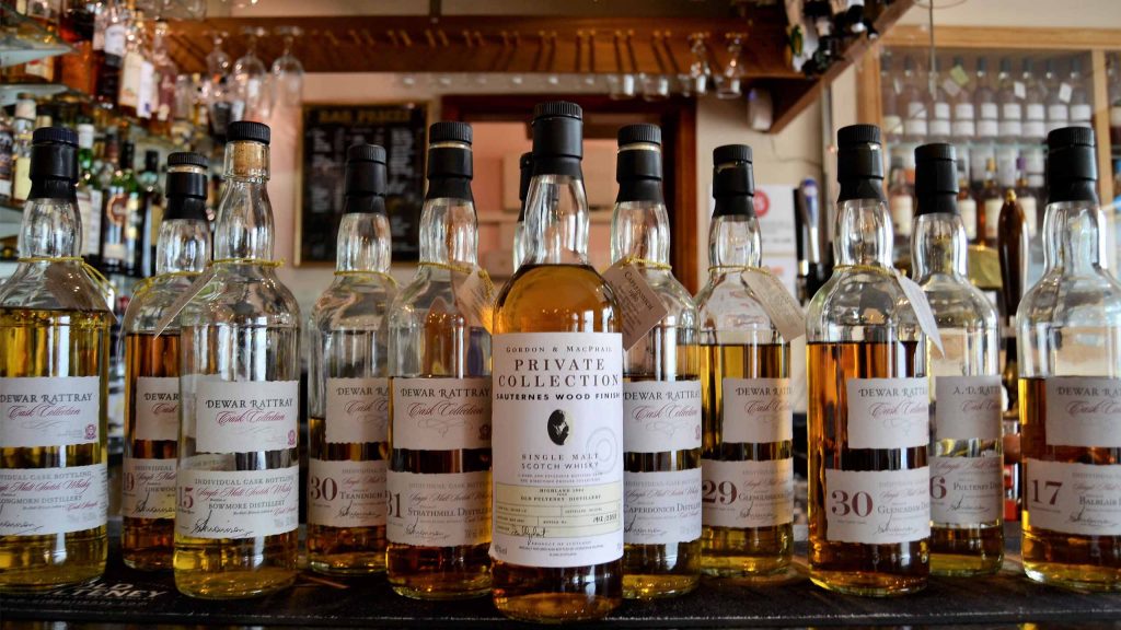 A selection of whisky in the bar at Mackays Hotel