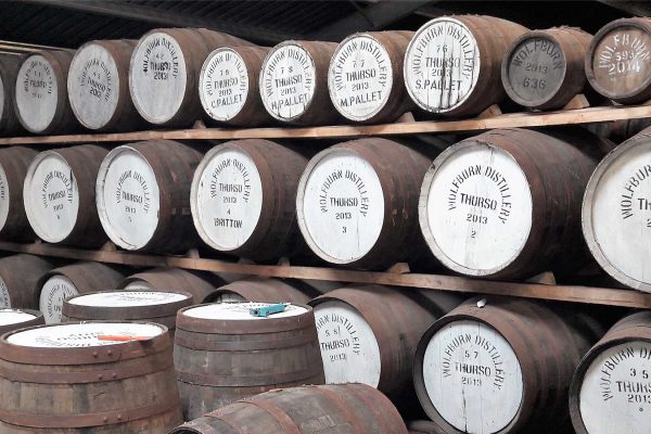 Whisky barrels in Wolfburn Distillery