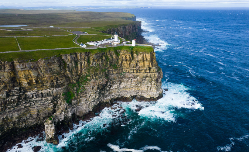 Aerial view of Dunnet Head and Lighthouse
