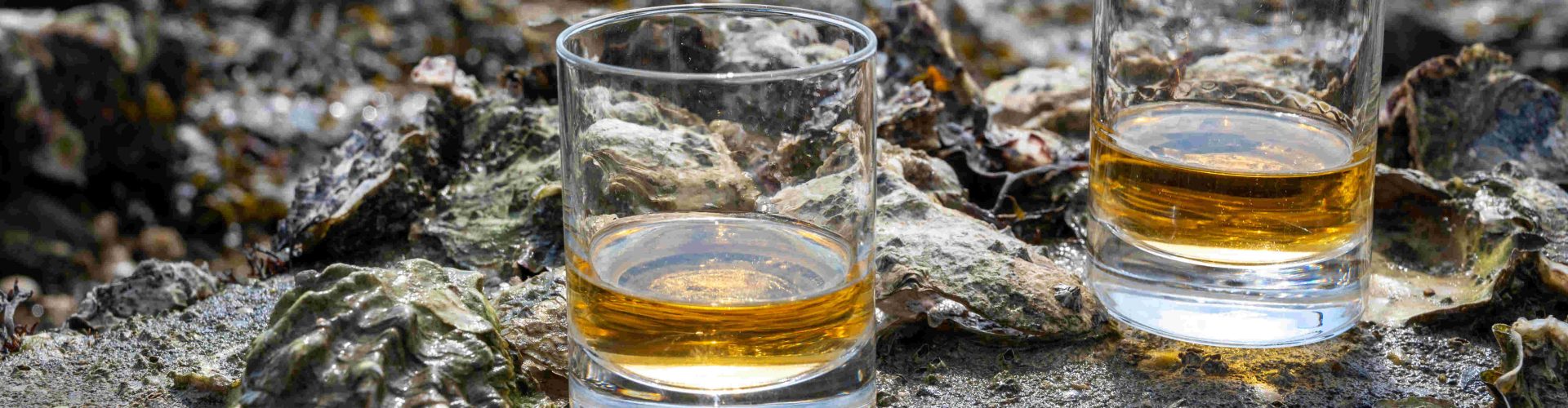 Two drams of whisky sitting on rocks by the water