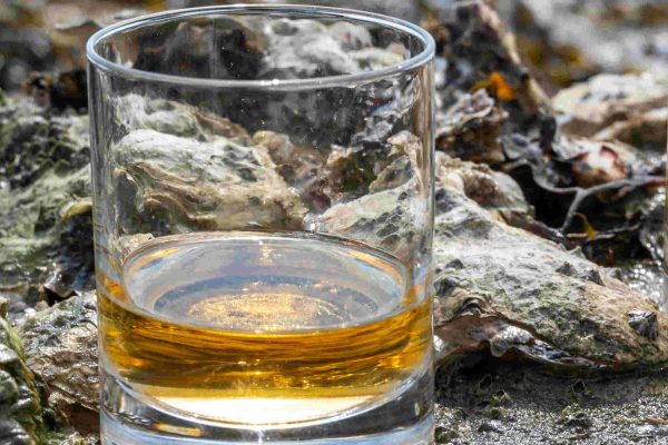 Two drams of whisky sitting on rocks by the water