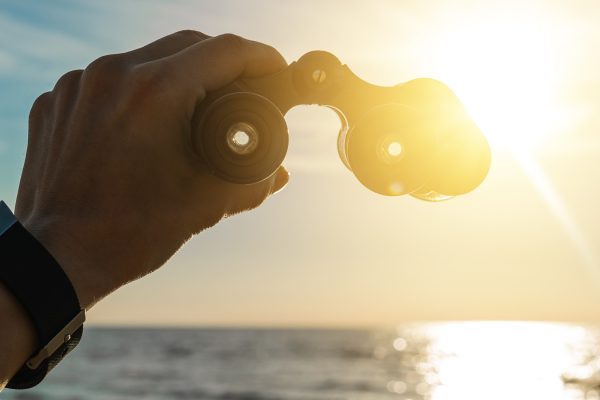 Holding up binoculars at the beach