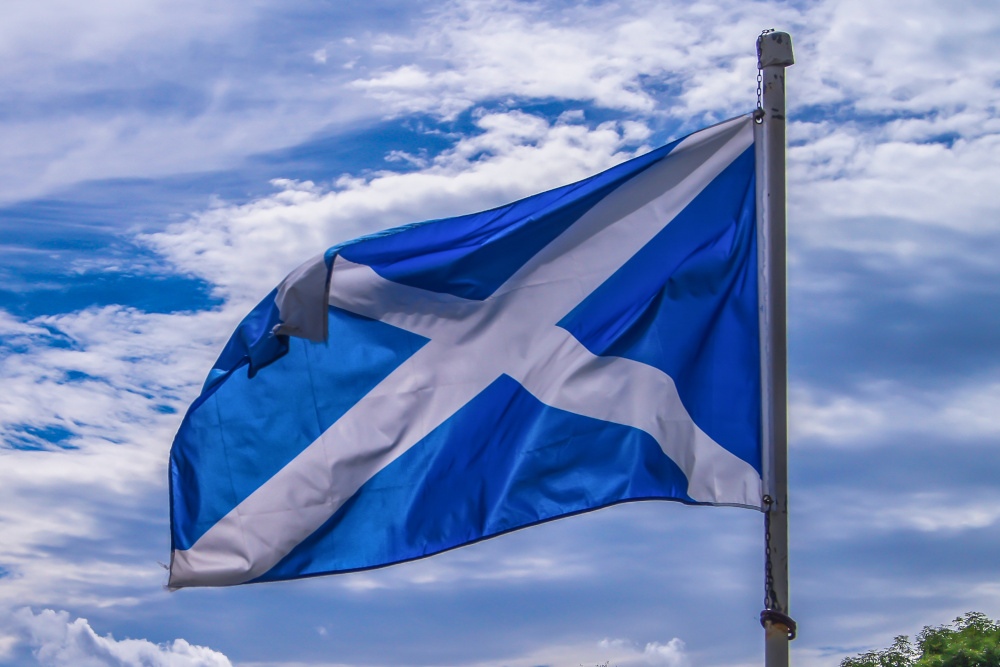 Blue flag with a white diagonal cross